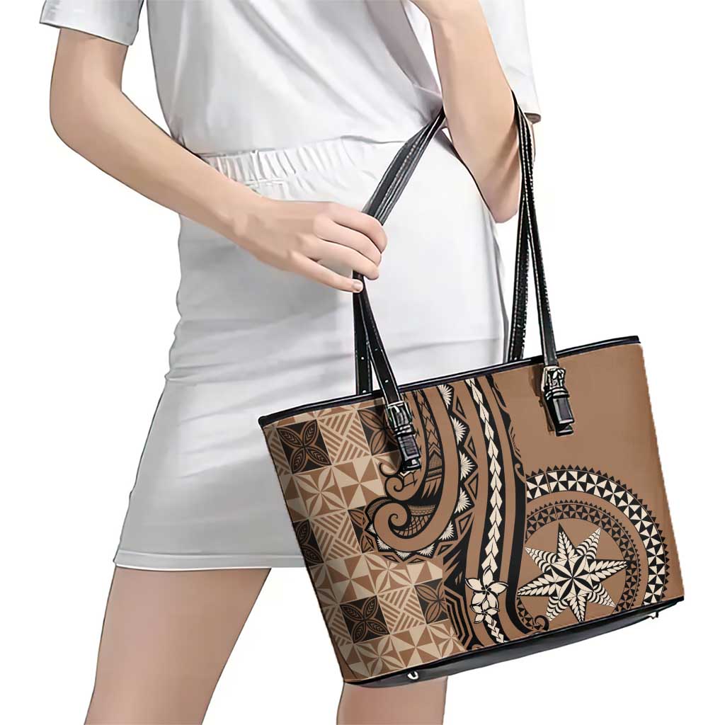 Tonga Ngatu Leather Tote Bag Vintage Brown Manulua Motifs LT7 - Polynesian Pride