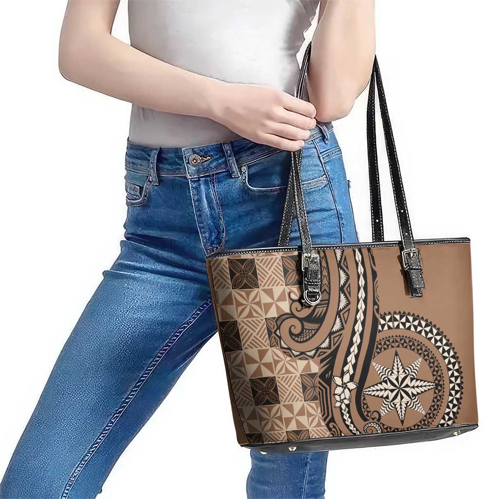 Tonga Ngatu Leather Tote Bag Vintage Brown Manulua Motifs LT7 - Polynesian Pride