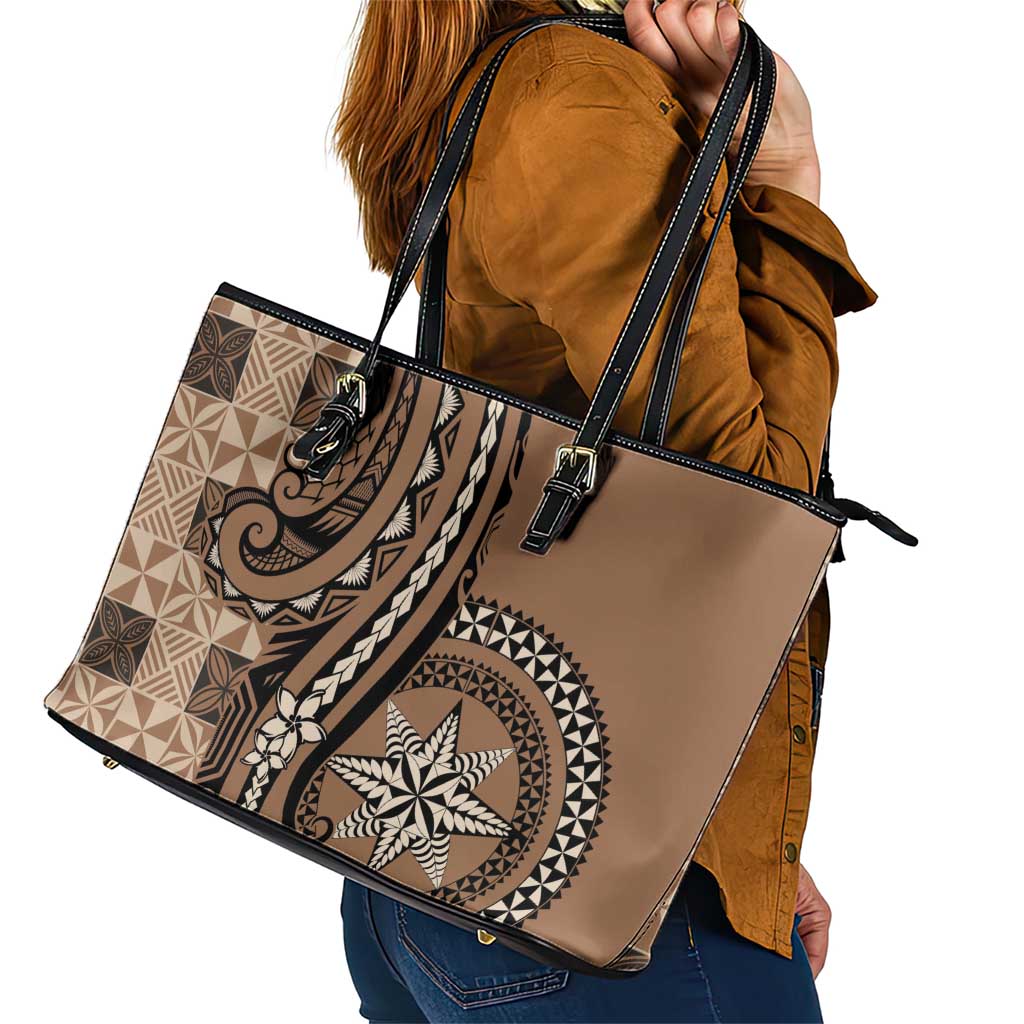 Tonga Ngatu Leather Tote Bag Vintage Brown Manulua Motifs LT7 - Polynesian Pride