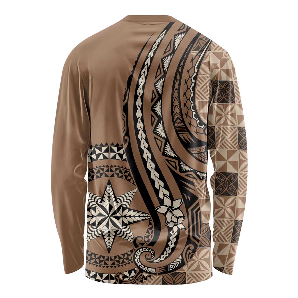 Personalized Tonga Ngatu Long Sleeve Shirt Vintage Brown Manulua Motifs