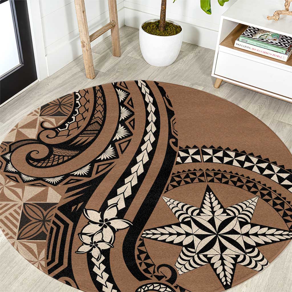 Tonga Ngatu Round Carpet Vintage Brown Manulua Motifs LT7 Brown - Polynesian Pride