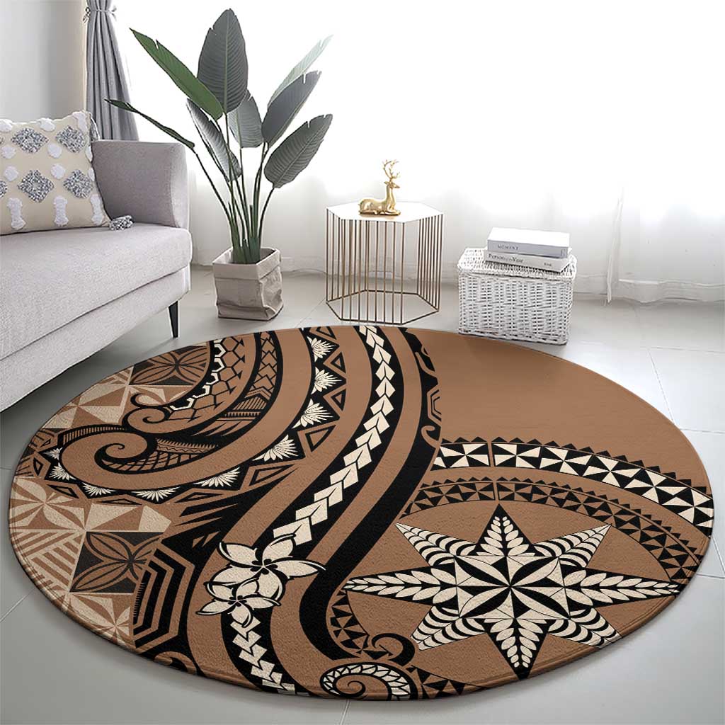 Tonga Ngatu Round Carpet Vintage Brown Manulua Motifs LT7 - Polynesian Pride
