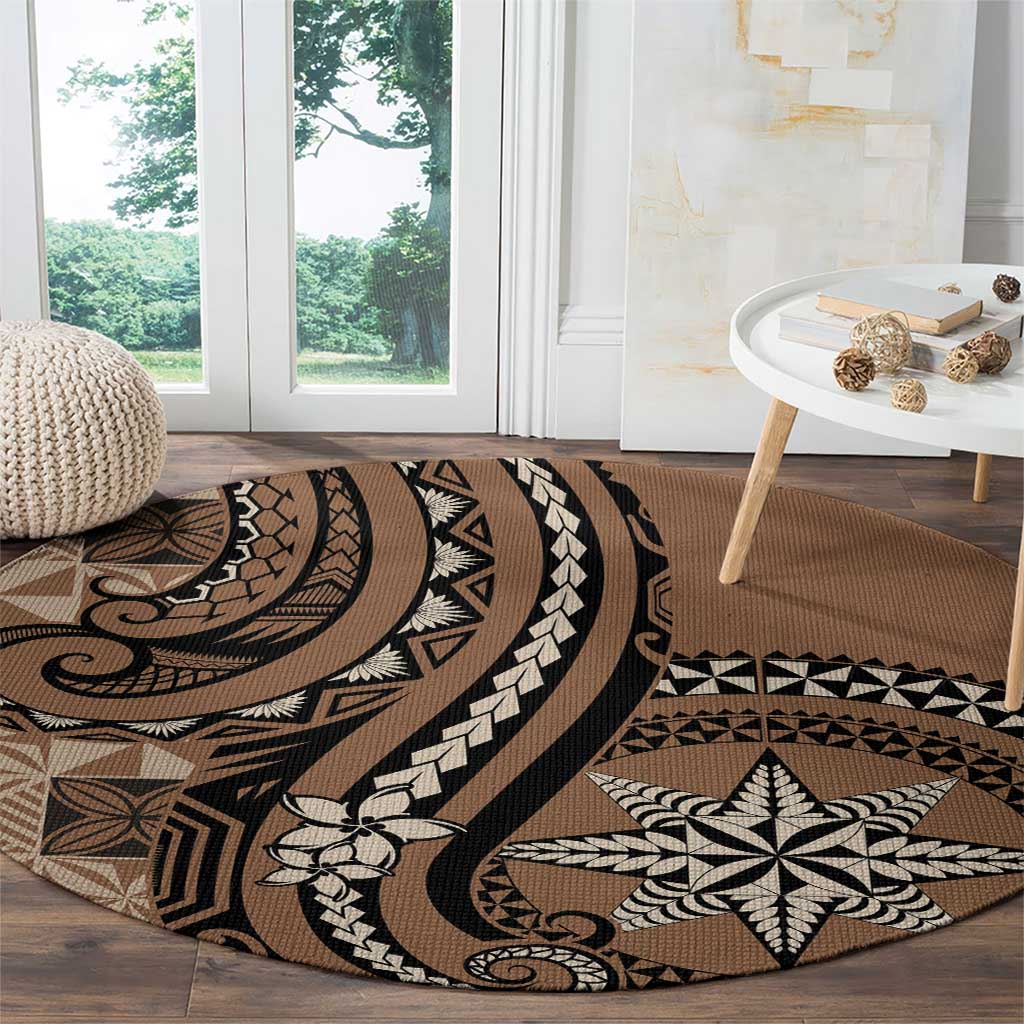 Tonga Ngatu Round Carpet Vintage Brown Manulua Motifs LT7 - Polynesian Pride