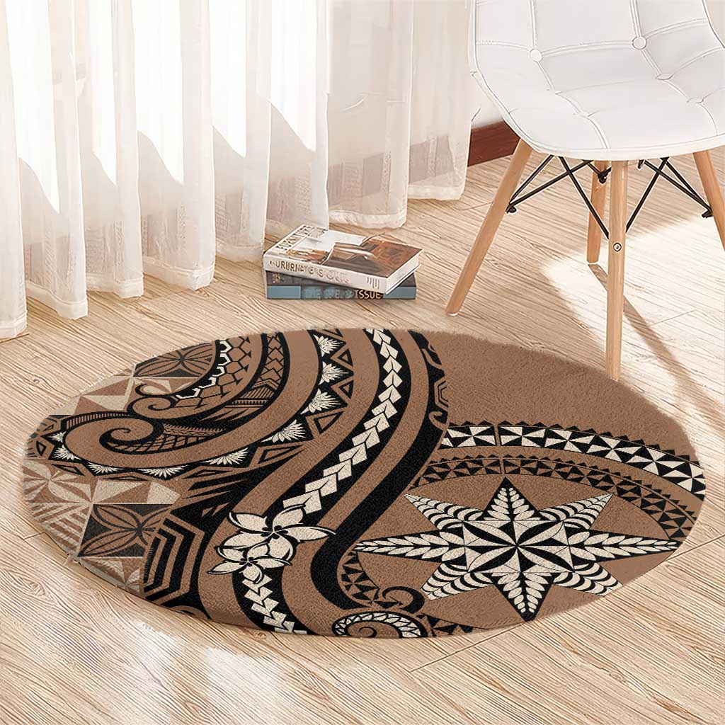 Tonga Ngatu Round Carpet Vintage Brown Manulua Motifs LT7 - Polynesian Pride