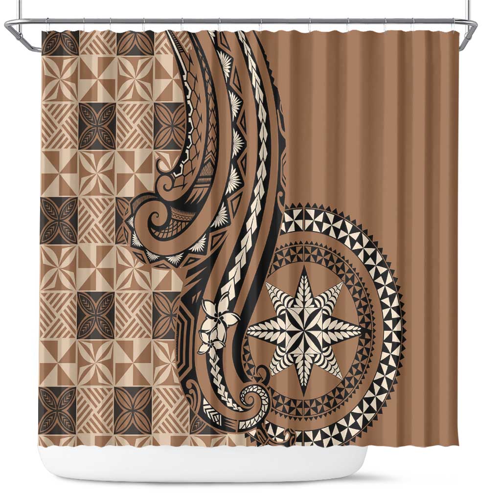 Tonga Ngatu Shower Curtain Vintage Brown Manulua Motifs LT7 Brown - Polynesian Pride