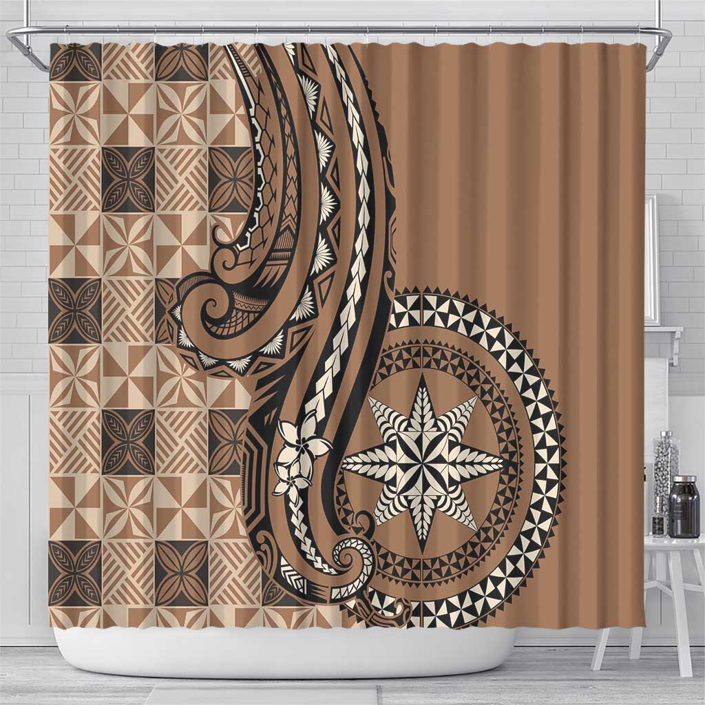 Tonga Ngatu Shower Curtain Vintage Brown Manulua Motifs LT7 - Polynesian Pride