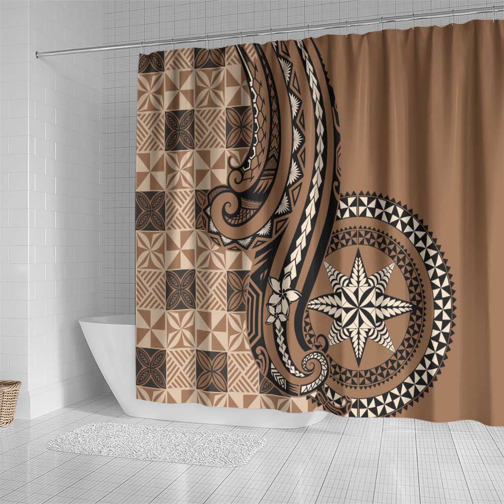 Tonga Ngatu Shower Curtain Vintage Brown Manulua Motifs LT7 - Polynesian Pride