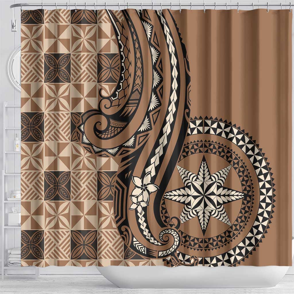 Tonga Ngatu Shower Curtain Vintage Brown Manulua Motifs LT7 - Polynesian Pride
