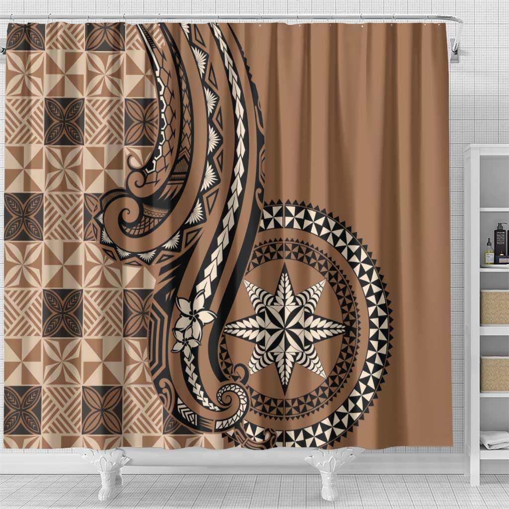 Tonga Ngatu Shower Curtain Vintage Brown Manulua Motifs LT7 - Polynesian Pride