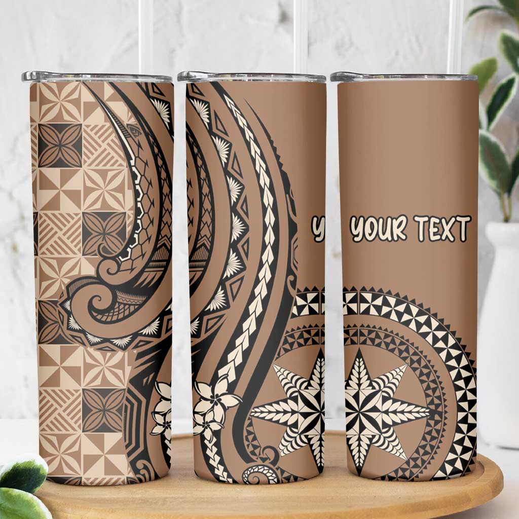 Personalized Tonga Ngatu Skinny Tumbler Vintage Brown Manulua Motifs