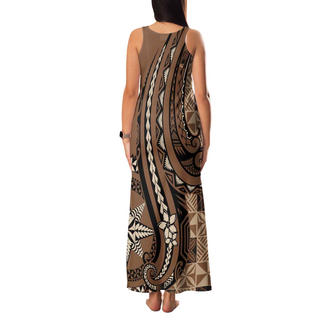 Personalized Tonga Ngatu Tank Maxi Dress Vintage Brown Manulua Motifs