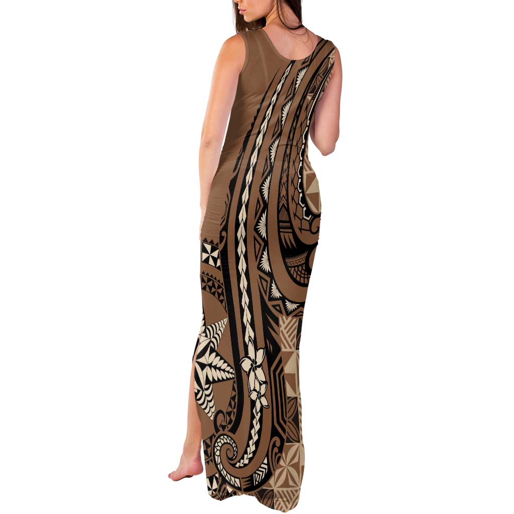 Personalized Tonga Ngatu Tank Maxi Dress Vintage Brown Manulua Motifs