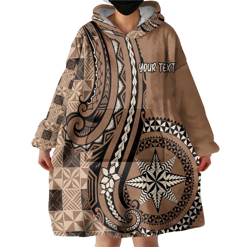 Personalized Tonga Ngatu Wearable Blanket Hoodie Vintage Brown Manulua Motifs