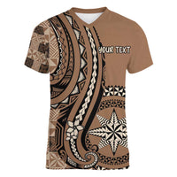 Personalized Tonga Ngatu Women V-Neck T-Shirt Vintage Brown Manulua Motifs LT7 Female Brown - Polynesian Pride