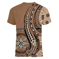 Personalized Tonga Ngatu Women V-Neck T-Shirt Vintage Brown Manulua Motifs LT7 - Polynesian Pride