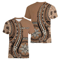 Personalized Tonga Ngatu Women V-Neck T-Shirt Vintage Brown Manulua Motifs LT7 - Polynesian Pride