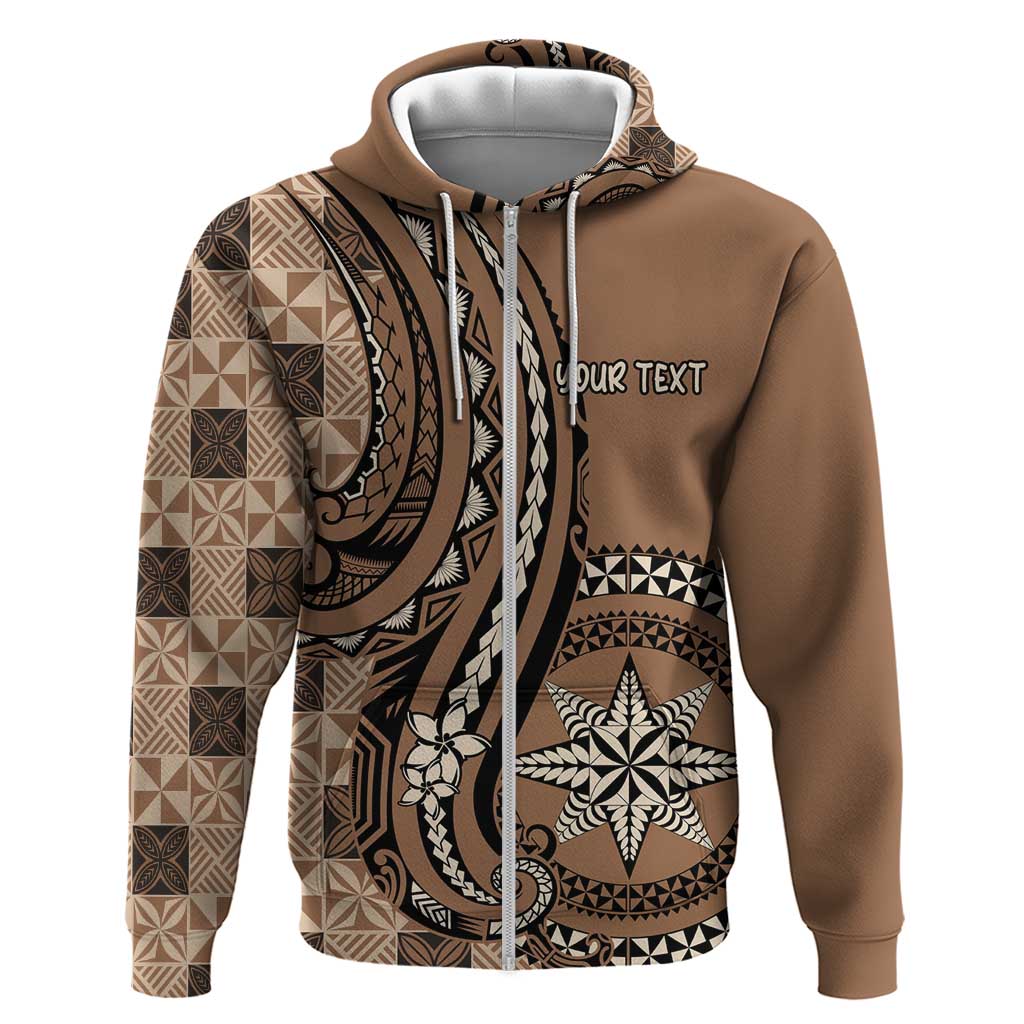 Personalized Tonga Ngatu Zip Hoodie Vintage Brown Manulua Motifs LT7 Zip Hoodie Brown - Polynesian Pride