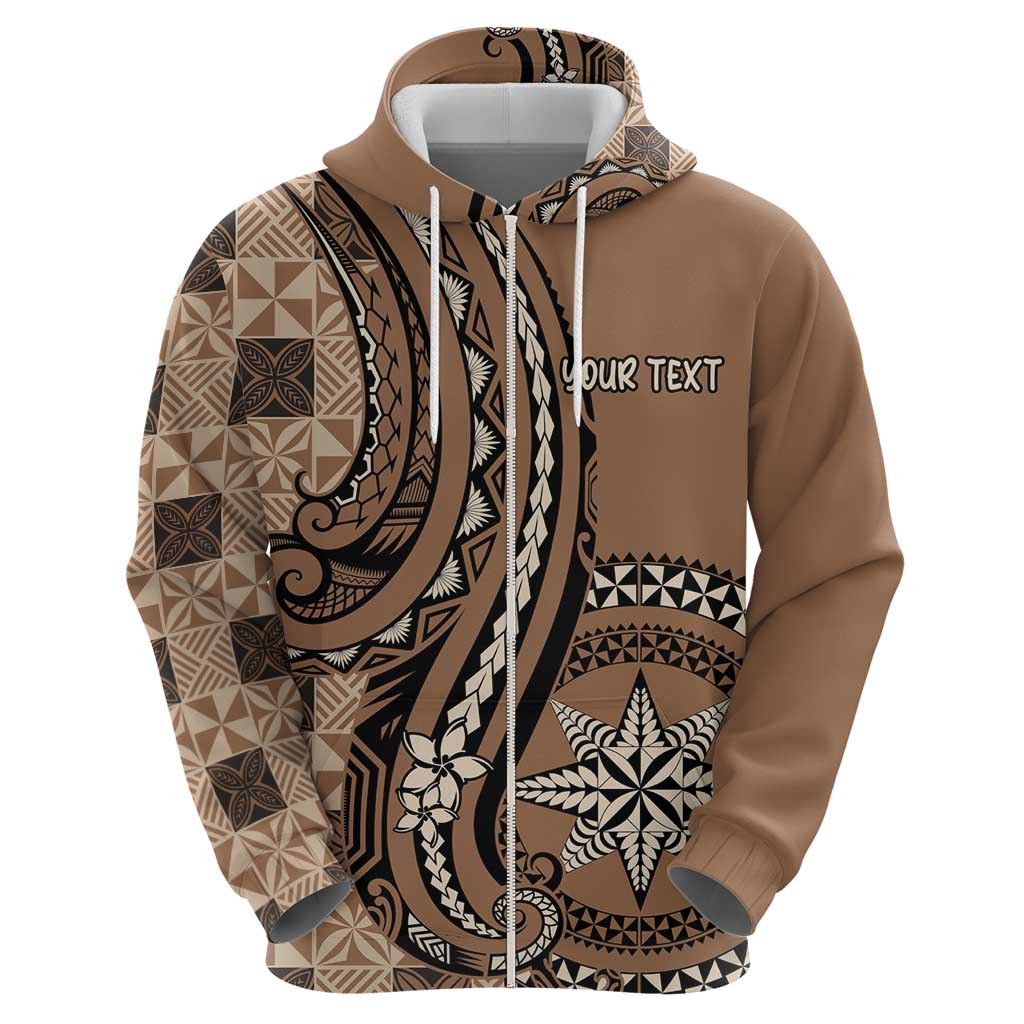 Personalized Tonga Ngatu Zip Hoodie Vintage Brown Manulua Motifs LT7 - Polynesian Pride