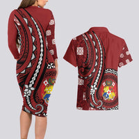 Personalized Tonga Ngatu Couples Matching Long Sleeve Bodycon Dress and Hawaiian Shirt Iconic Red Manulua Motifs