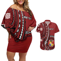 Personalized Tonga Ngatu Couples Matching Off Shoulder Short Dress and Hawaiian Shirt Iconic Red Manulua Motifs