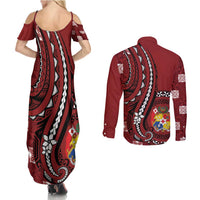 Personalized Tonga Ngatu Couples Matching Summer Maxi Dress and Long Sleeve Button Shirt Iconic Red Manulua Motifs