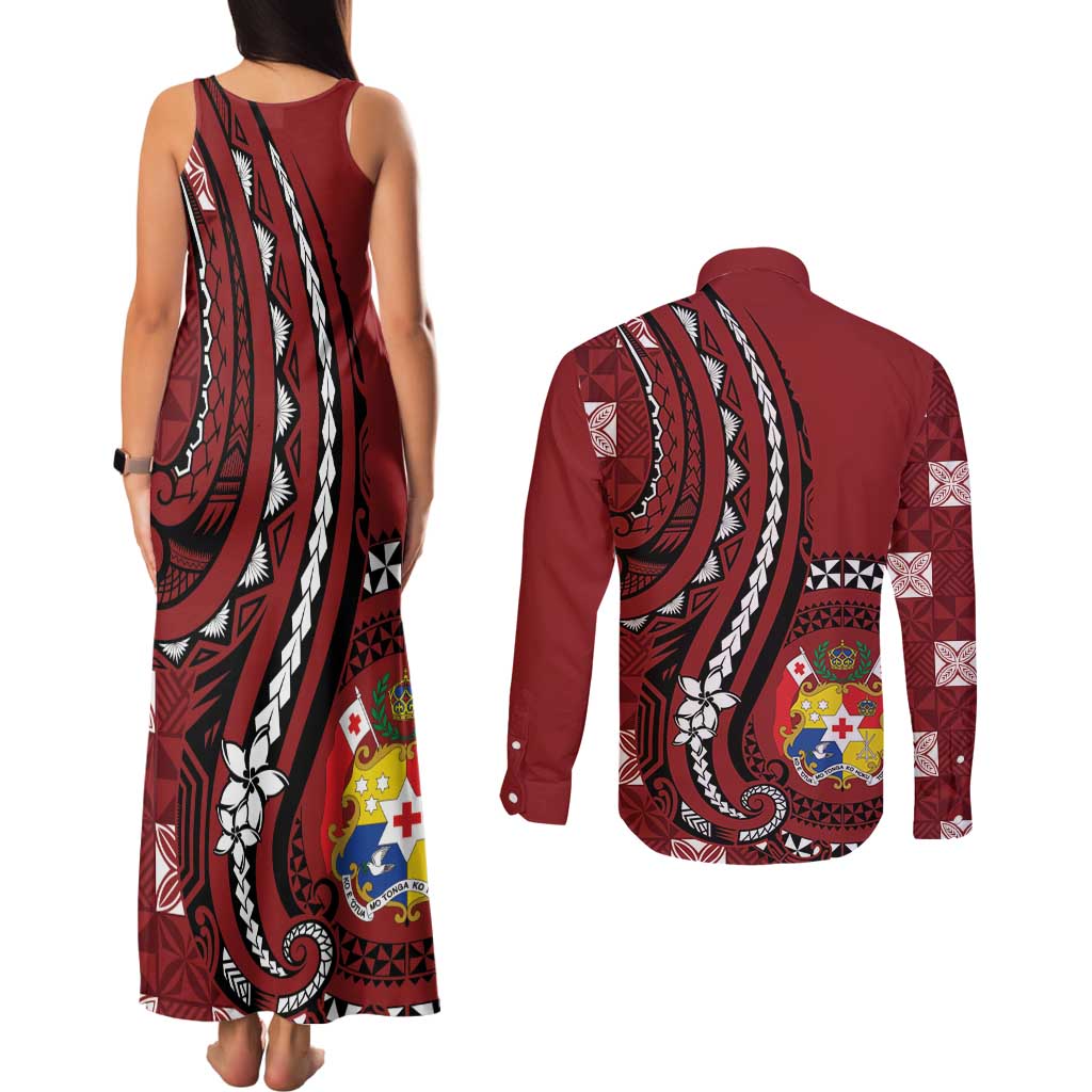 Personalized Tonga Ngatu Couples Matching Tank Maxi Dress and Long Sleeve Button Shirt Iconic Red Manulua Motifs