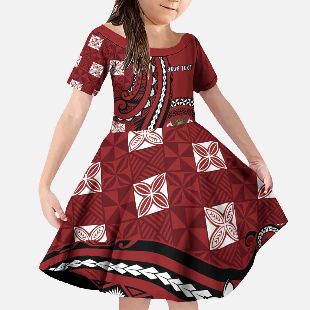 Personalized Tonga Ngatu Family Matching Long Sleeve Bodycon Dress and Hawaiian Shirt Iconic Red Manulua Motifs LT7 Daughter's Dress Red - Polynesian Pride