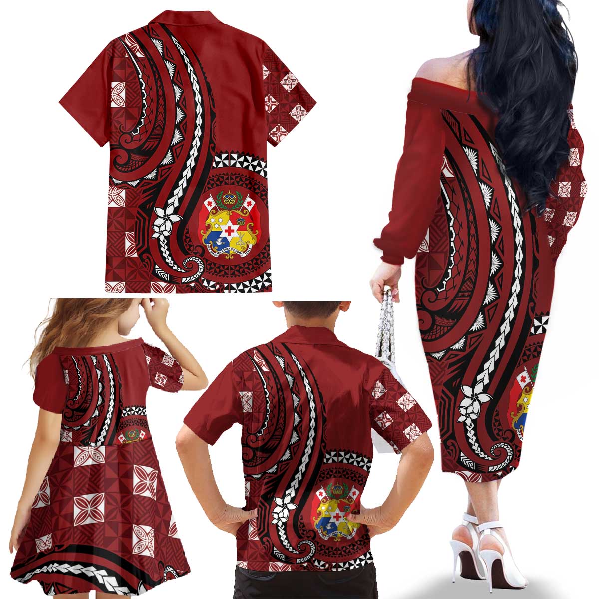 Personalized Tonga Ngatu Family Matching Off The Shoulder Long Sleeve Dress and Hawaiian Shirt Iconic Red Manulua Motifs