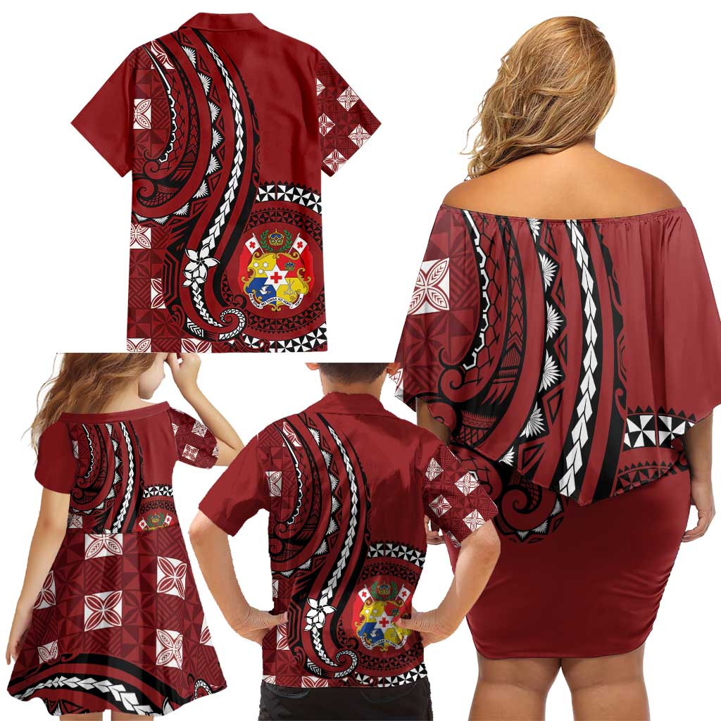 Personalized Tonga Ngatu Family Matching Off Shoulder Short Dress and Hawaiian Shirt Iconic Red Manulua Motifs