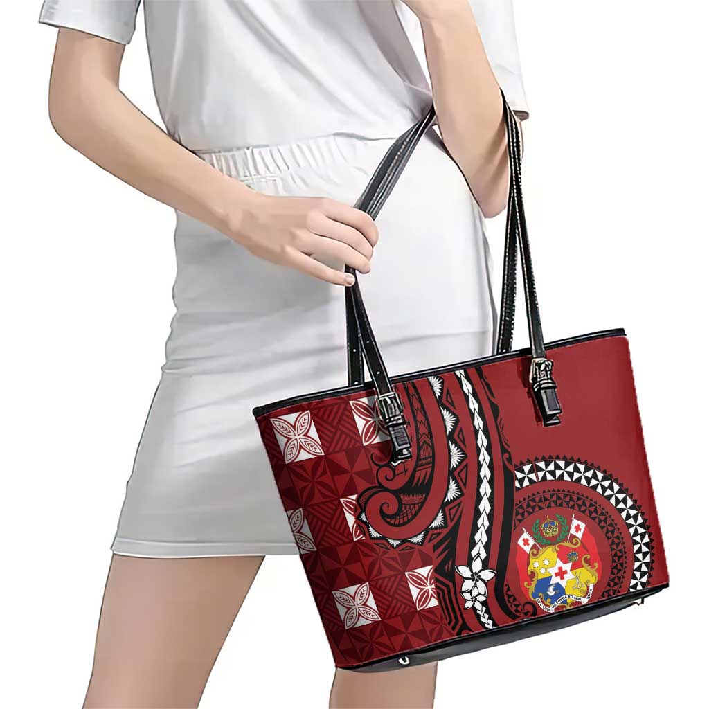 Tonga Ngatu Leather Tote Bag Iconic Red Manulua Motifs LT7 - Polynesian Pride
