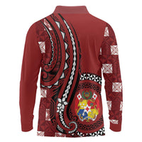 Personalized Tonga Ngatu Long Sleeve Polo Shirt Iconic Red Manulua Motifs LT7 - Polynesian Pride