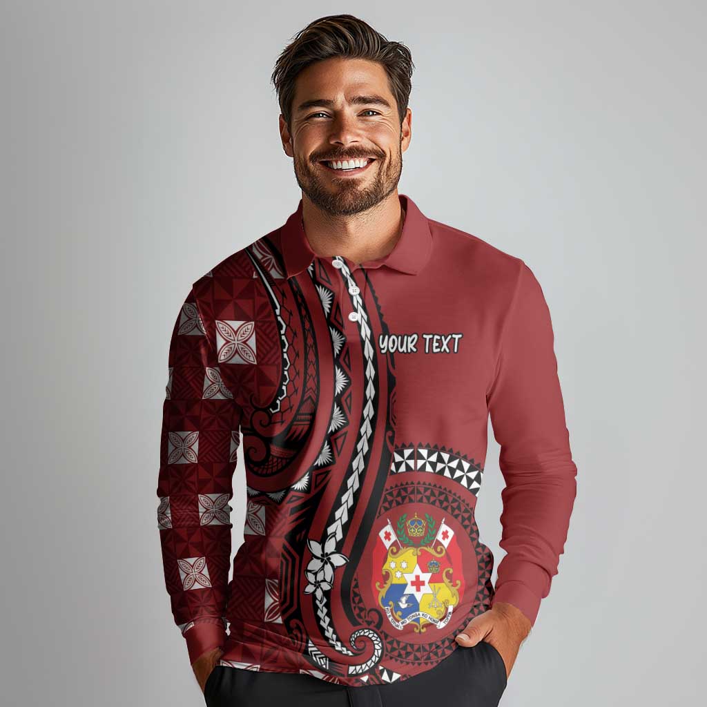 Personalized Tonga Ngatu Long Sleeve Polo Shirt Iconic Red Manulua Motifs LT7 - Polynesian Pride