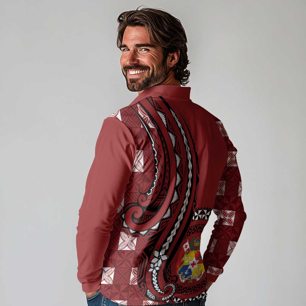 Personalized Tonga Ngatu Long Sleeve Polo Shirt Iconic Red Manulua Motifs LT7 - Polynesian Pride