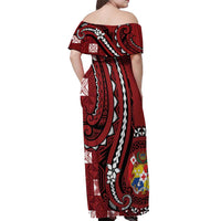 Personalized Tonga Ngatu Off Shoulder Maxi Dress Iconic Red Manulua Motifs