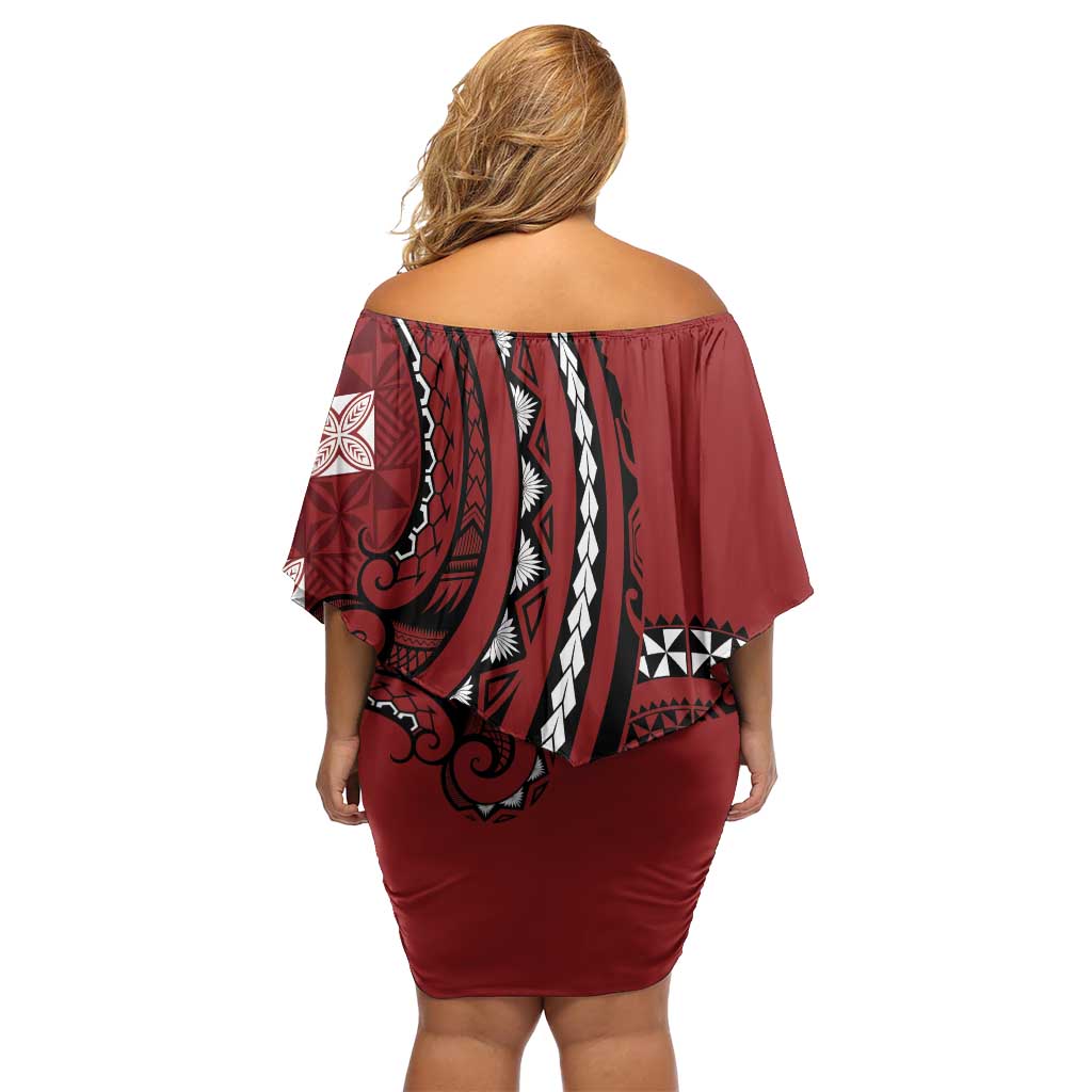 Personalized Tonga Ngatu Off Shoulder Short Dress Iconic Red Manulua Motifs