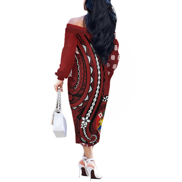Personalized Tonga Ngatu Off The Shoulder Long Sleeve Dress Iconic Red ...