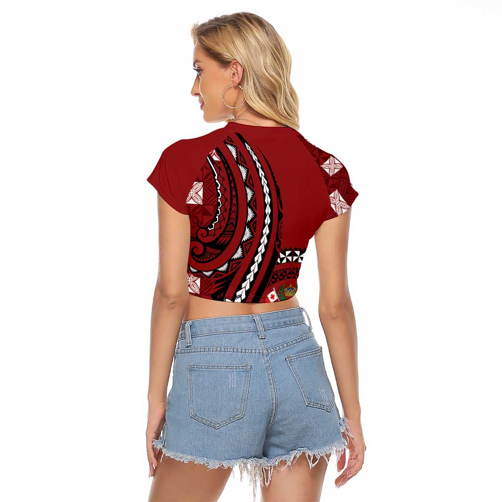 Personalized Tonga Ngatu Raglan Cropped T Shirt Iconic Red Manulua Motifs LT7 - Polynesian Pride