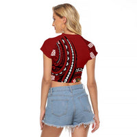 Personalized Tonga Ngatu Raglan Cropped T Shirt Iconic Red Manulua Motifs LT7 - Polynesian Pride