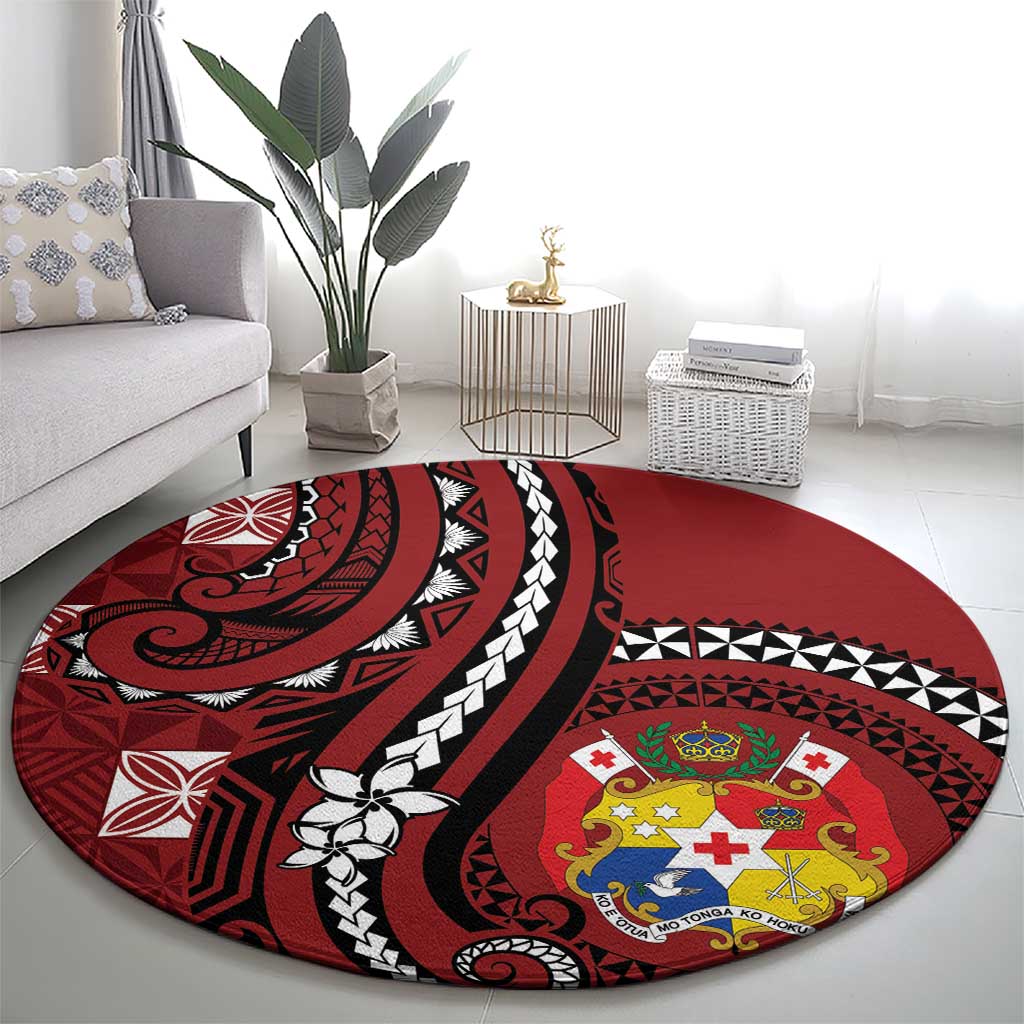 Tonga Ngatu Round Carpet Iconic Red Manulua Motifs LT7 - Polynesian Pride