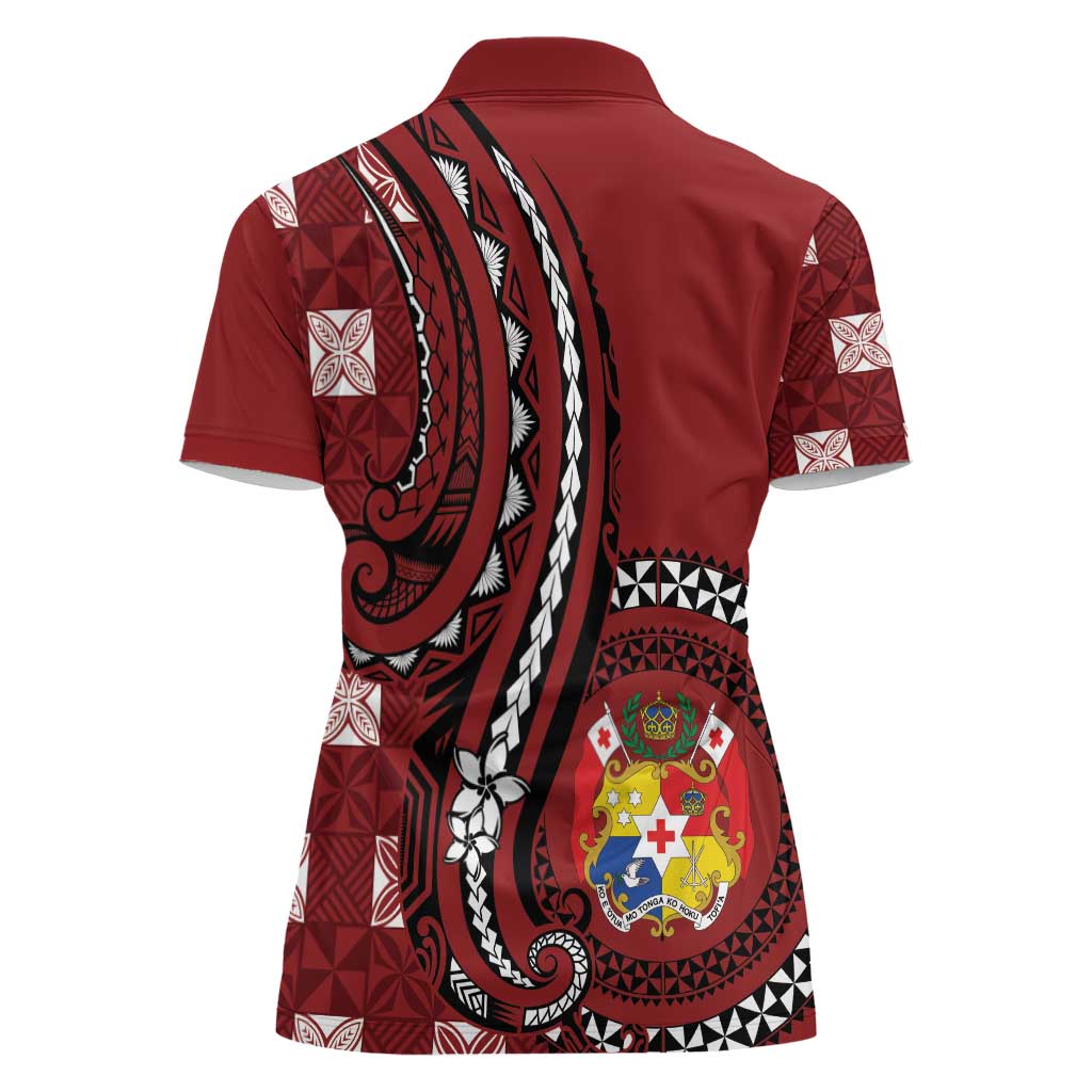 Personalized Tonga Ngatu Women Polo Shirt Iconic Red Manulua Motifs LT7 - Polynesian Pride