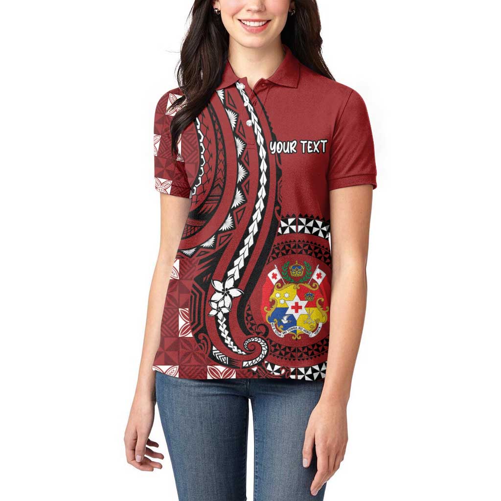Personalized Tonga Ngatu Women Polo Shirt Iconic Red Manulua Motifs LT7 - Polynesian Pride