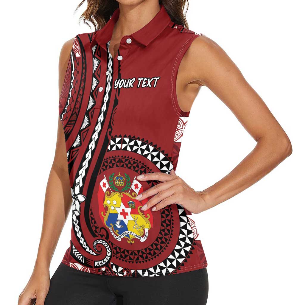 Personalized Tonga Ngatu Women Sleeveless Polo Shirt Iconic Red Manulua Motifs LT7 - Polynesian Pride
