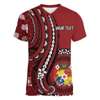 Personalized Tonga Ngatu Women V-Neck T-Shirt Iconic Red Manulua Motifs LT7 Female Red - Polynesian Pride
