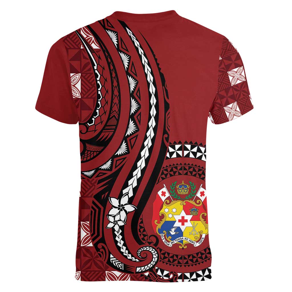 Personalized Tonga Ngatu Women V-Neck T-Shirt Iconic Red Manulua Motifs LT7 - Polynesian Pride