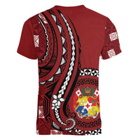 Personalized Tonga Ngatu Women V-Neck T-Shirt Iconic Red Manulua Motifs LT7 - Polynesian Pride