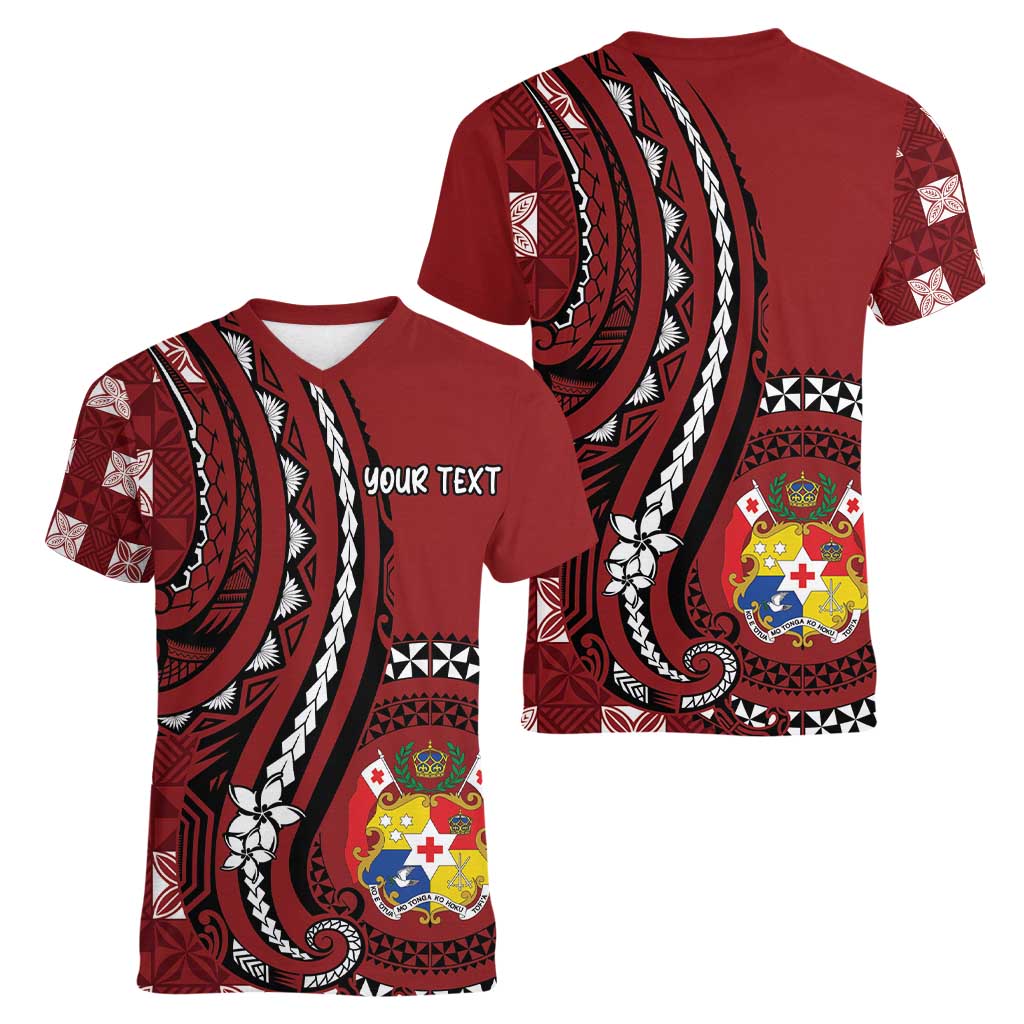 Personalized Tonga Ngatu Women V-Neck T-Shirt Iconic Red Manulua Motifs LT7 - Polynesian Pride