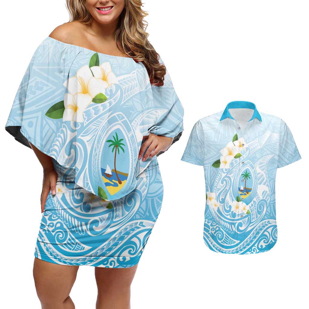 Guam Fishhook Mix Guasali Flowers Couples Matching Off Shoulder Short Dress and Hawaiian Shirt Dreaming Turquoise