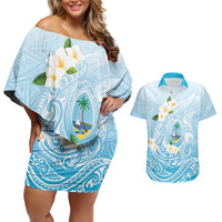 Guam Fishhook Mix Guasali Flowers Couples Matching Off Shoulder Short Dress and Hawaiian Shirt Dreaming Turquoise