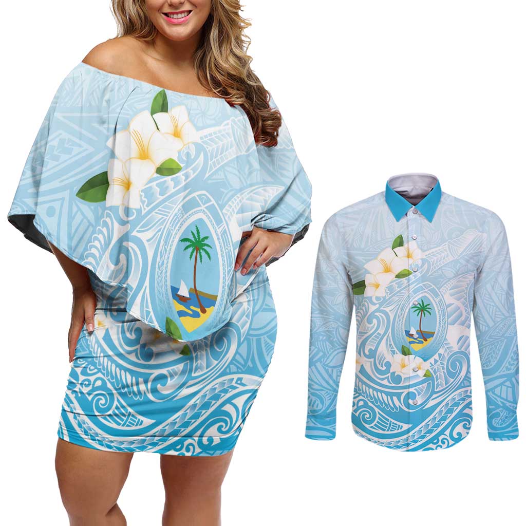 Guam Fishhook Mix Guasali Flowers Couples Matching Off Shoulder Short Dress and Long Sleeve Button Shirt Dreaming Turquoise