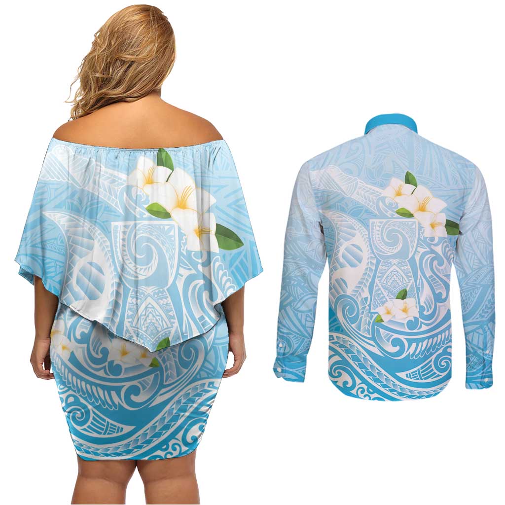 Guam Fishhook Mix Guasali Flowers Couples Matching Off Shoulder Short Dress and Long Sleeve Button Shirt Dreaming Turquoise